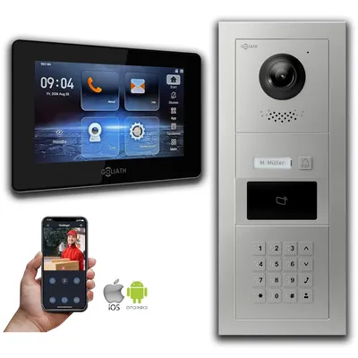 Image de Interphone vidéo Goliath IP avec caméra, écran 7 pouces, code numérique et RFID, couleur argent : 1 moniteur : 7 pouces, noir : boîtier encastré Nombre de moniteurs : 1 moniteur Couleur du moniteur : 7 pouces, noir Montage : boîtier encastré