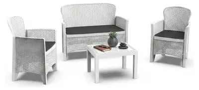Produktbild von Outdoor-Lounge-Set Dlinett, Gartengarnitur mit 2 Sesseln, 1 Sofa und 1 Couchtisch, Sitzecke in Rattan-Optik mit Kissen, 100 % Italy, Weiß