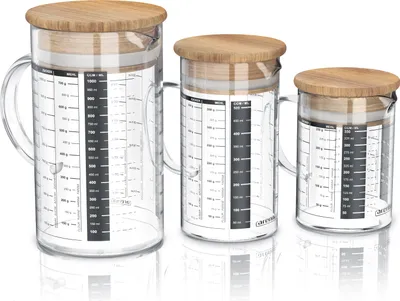 Produktbild von Arendo - Messbecher Set aus Glas - Größen 350ml, 500ml, 1000ml (0,35l 0,5l 1l) – Messkrug Glas Krug – Borosilikatglas – präzise Skala – hitzebeständig – Glasbehälter mit Bambusdeckel - Silikondichtung