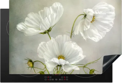 Produktbild von KitchenYeah© Herdabdeckplatte Blumen - Stillleben - Mohn - Weiß - Botanisch , 76x51cm, Küche Deko, Glaskeramikkochfeld Herdabdeckung, Abdeckplatte fùr Kochfeld