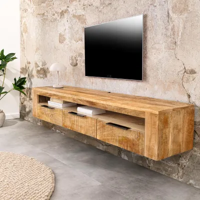 Produktbild von riess-ambiente Hängendes TV-Board IRON CRAFT 160cm natur Mango Massivholz drei Schubladen Lowboard TV-Schrank TV-Lowboard