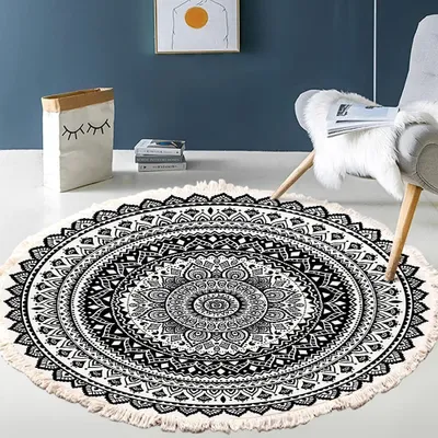 Produktbild von Mandala Teppich Rund 120cm Baumwolle Teppich Waschbar Boden Baumwollteppich Grau mit Quasten Vintage Teppich Gewebt Wohnzimmerteppich Rund für Schlafzimmer, Küche, Indoor Outdoor