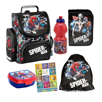 Produktbild von Goldkids- Schulranzen für Jungen , 6er-Set - Schul-Rucksack für Kinder mit Federmäppchen - Schuhbeutel Brotdose und Trinkflasche - Spiderman Marvel