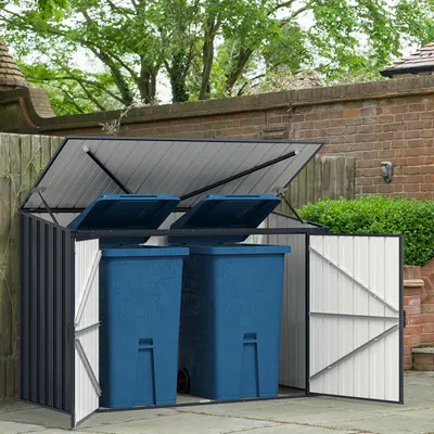 Immagine prodotto di COSTWAY 193x86x127 cm cassonetto in metallo per pattumiere 2x120 L, resistente alle intemperie, porta con serratura, casetta per attrezzi da giardino per esterni