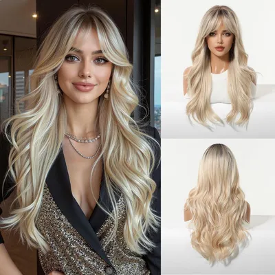 Produktbild von Perücke Damen Lang Gewellt Ombré Blond mit Pony Synthetikhaar für Alltag & Party