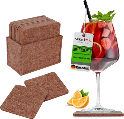 Produktbild von wortek Filz Untersetzer - Deko Tischset + Aufbewahrungsbox I für Gläser & Tisch, 10er Set I 10cm I Eckig, Braun