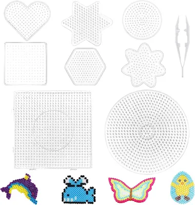 Produktbild von Pack von 8 Bügelperlenplatten, verschiedene Schablonen, transparente Perlenplatte, mit Pinzette, für kreative