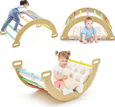 Produktbild von 2 in 1 Kletterbogen mit Kissen, Bogenwippe aus Holz, Holzwippe zum Klettern, Klettergerüst Indoor Kletterdreieck für Kinder ab 3 Jahren (Bunt)