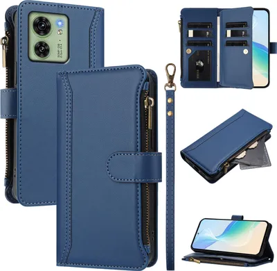 Produktbild von Handyhülle für Motorola Moto Edge 40/Edge 2023 Reißverschluss Geldbörse Kunstleder Klapphülle mit Kartensteckplatz, Ständer, Handschlaufe Dunkelblau
