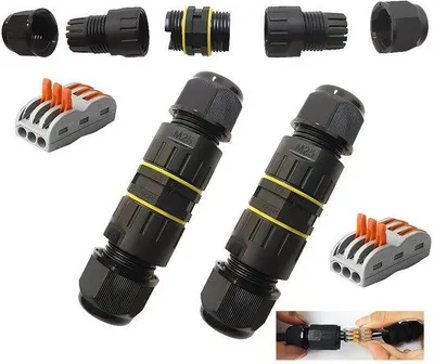 Produktbild von Wasserdichte Kabelverteiler, Kabelmuff, 3-polige Stecker für Kabeldurchmesser Ø 5-9 mm, Kabelanschluss, IP 68, 2 Stück, schwarz