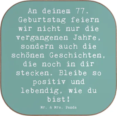 Produktbild von Mr. & Mrs. Panda Untersetzer für Gläser Spruch 77. Geburtstag Geschichten - Meeresbrise - Geschenk, einzigartig, Glas, Coaster, Alter, Abenteuer, Happy Birthday