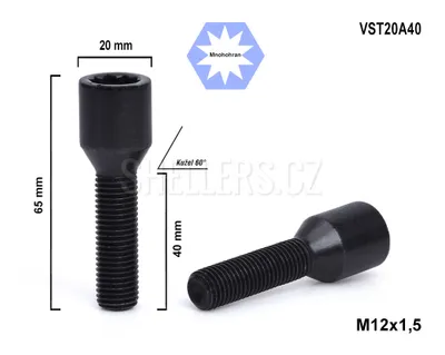 Obrázek produktu pro Kolový šroub M12x1,5x40 kužel s vnitřním mnohohranem, VST20A40-BLACK, Ø 20mm, výška 65 mm