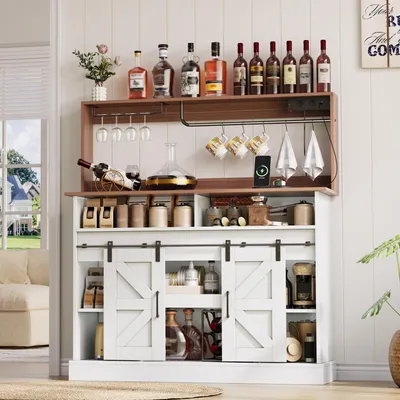 Produktbild von Flieks Küchenschränke mit Gläserhalter und Steckdosen, Sideboard mit Stauraum und Schiebetüren, für Küche/Wohnzimmer, Highboard 120x40x130cm, Weiß