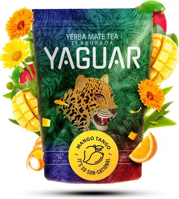 Image de Yaguar - Thé maté Mango Tango 500 g - Un coup de fouet tropical - Séché à l'air libre - Doux, peu de poussière - Yerba maté du Brésil - Vieilli pendant 18 mois