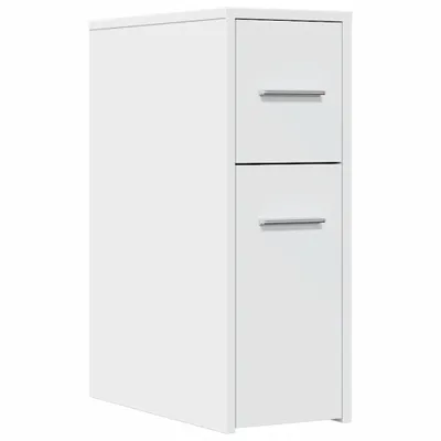 A white, narrow cabinet with two drawers and silver handles, shown from a slight diagonal angle against a white background.