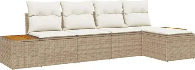 Immagine prodotto di Set da giardino composto da 6 pezzi, divano da 5 posti, colore beige e crema, realizzato in rattan sintetico