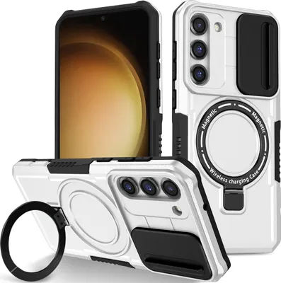 Produktbild von Handyhülle für Samsung Galaxy S23 Kompatibel mit MagSafe, Robuste Hülle mit Schiebe Kamera Schutz, Magnetischer Ringständer Weiß