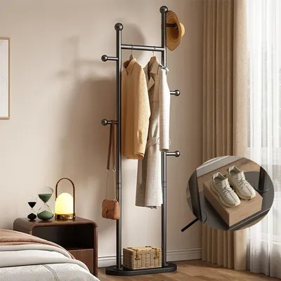 Produktbild von Garderobenständer, Kleiderständer aus Metall, Kleiderstange mit 5 Haken, 168 cm, Freistehender, Verdickte Schwarze Basis, Schwarze, für Hüte/Kleidung