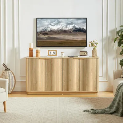 Immagine prodotto di Credenza in rovere decorativo da 160 cm, con strisce verticali a forma di onda sinuosa, spazio contenitivo e mobile TV per soggiorno, camera da letto e ingresso