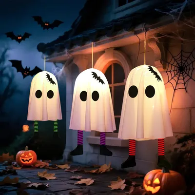 Produktbild von 3er Set Halloween Hängende Geister mit Lichterkette LED Hängelicht Batteriebetrieben Dekoration für Innen Spukhaus Party