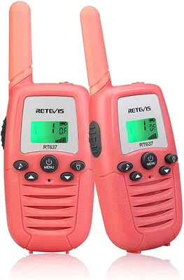 Two coral-colored Retevis RT637 walkie-talkies are shown against a white background.