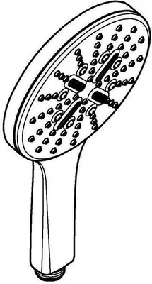 A black and white line drawing of a hand-held shower head.
