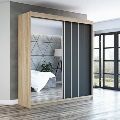 Produktbild von Schwebetürenschrank, 2-türig Schrank mit Spiegel! Moderne Garderobe für Kleidung. Verschiedene Farben (Weiß, Schwarz, Somona) Kleiderschrank VIGO 180 cm