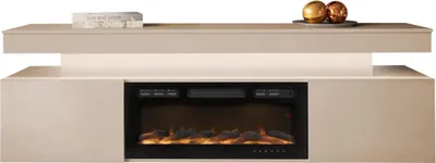 A modern TV stand with a built-in electric fireplace.