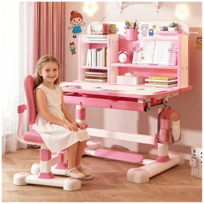 Image de Bureau pour enfants avec chaise réglable – Ergonomique et avec espace de rangement – Rose et bleu