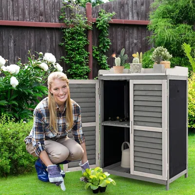 Image de Table de jardin - Pot de culture en bois - Table de jardin avec plateau de travail en métal - Meuble de rangement pour l'extérieur
