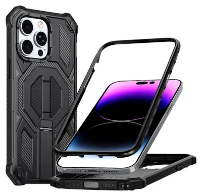 Produktbild von Magnetische Hülle für iPhone 12 / iPhone 12 Pro, Kompatibel mit MagSafe, Mit Metall-Ständer, Militärischer Stoßschutz Handyhülle Schwarz