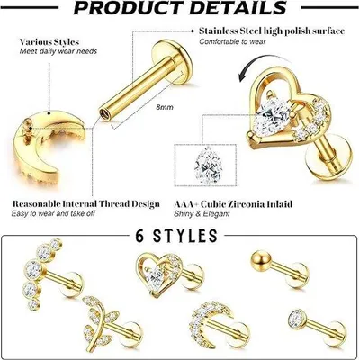 Productafbeelding van Unyqoos® Set van 6 piercings van roestvrij staal, 16G (1,2 mm), geschikt voor tragus, helix en labret. Inclusief schroefdraad, stangen van 6/8 mm en AAA+ zirkonia in de vorm van een bol, maan, hart, blad of gebogen vorm