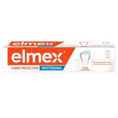 A tube of Elmex toothpaste against caries and whitening.