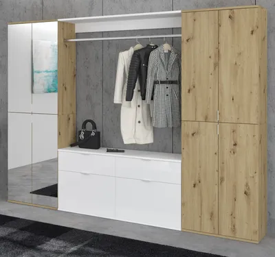 Produktbild von Garderobe Set "Line-Up" Eiche und weiß Hochglanz Garderobenschrank mit Spiegel