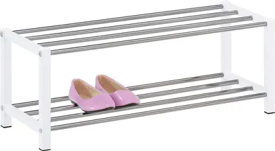 Produktbild von Schuhregal DUBLIN mit 2 Ablagen in weiß. Robustes Metallregal mit edel verchromter Schuhablage. Flurmöbel Schuhaufbewahrung, Organizer für den Flur.
