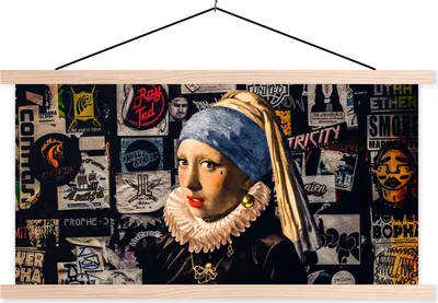 Produktbild von MuchoWow® Textilposter Das Mädchen mit dem Perlenohrring - Tätowierung - Vermeer 60x30 cm mit holzfarbenen Rahmen - Dekoration