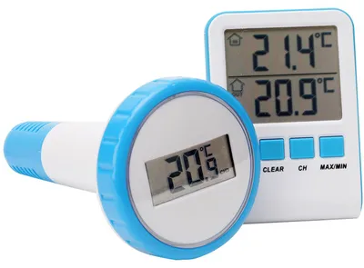 Produktbild von Digitales Funk-Poolthermometer - Präziser IPX8 Sender, grosse LCD-Basisstation - Wassertemperatur Pool/Teich - bis zu 3 Thermometer, -20 bis +60 °C