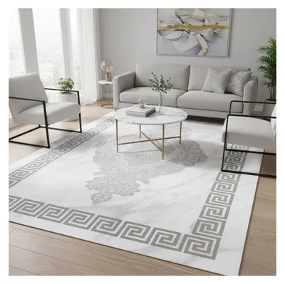 Imagen del producto de Melis Home: Alfombrilla antideslizante, gris, 80x150 cm. Alfombra moderna y blanca con estampado griego, lavable, con impresión digital, de 7 mm de grosor, antideslizante, ideal para el salón