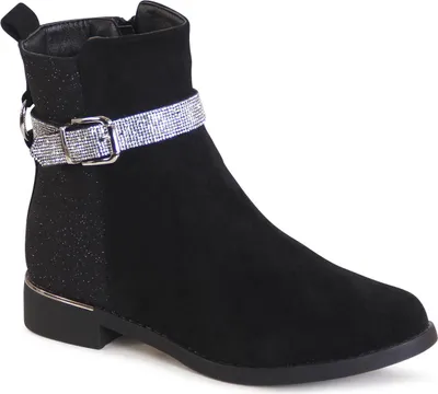 A single black ankle boot with silver glitter accents and a decorative strap.