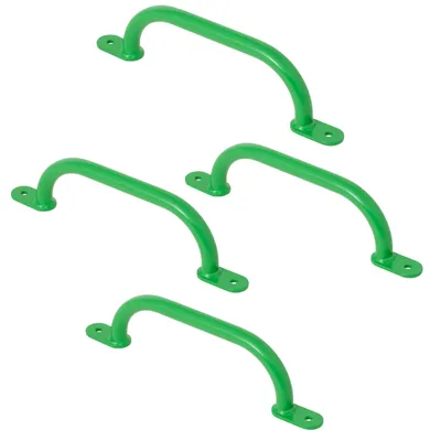 Four green climbing grips arranged in a staggered pattern on a white background.