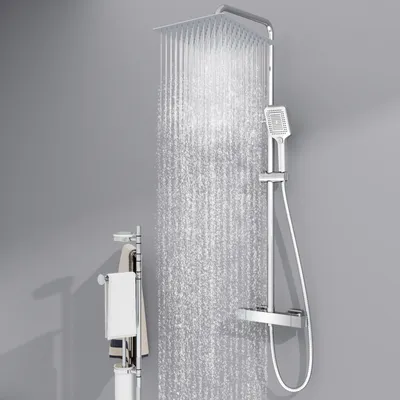 Produktbild von Duschsystem mit Thermostat 38℃ Duscharmatur Chrom Regendusche Duschset Dusche inkl. Regal verstellbarer Edelstahl Duschstange Duschset