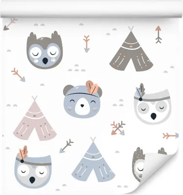 Obrázok produktu pre 10m VLIES WALLPAPER rolka škôlka zvieratá sovy medvede indiáni perie XXL