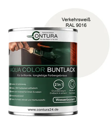 Produktbild von Contura 750ml. Buntlack Lackfarbe Lack Außen Innen Holz Metall Farbe Holzlack Möbellack - Seidenmatt - RAL 9016 Verkehrsweiß