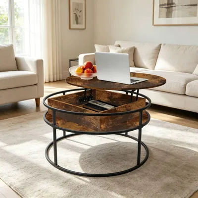Produktbild von 2 in 1 Couchtisch Rund mit Hebeplatte,Beistelltisch mit Verstecktem Stauraum,Klein Wohnzimmertisch Kaffeetisch für Wohnzimmer,Büro 80x80x47cm Braun