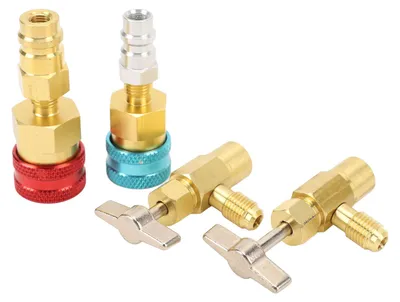 Obrázek produktu pro Sada rychlospojek R1234YF s automatickým utěsněním, s odbočkami pro vysoký a nízký tlak, adaptér z R1234YF na R134a pro plnění klimatizace v automobilech