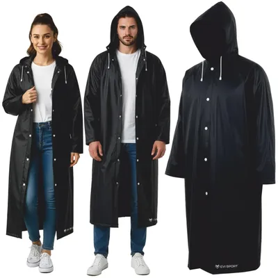 Produktbild von Regenponcho Damen Herren, Regenmantel Wasserdicht aus EVA, Leichter Regenschutz mit Kapuze, EVI SPORT StormGuard Black