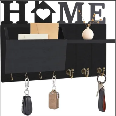Productafbeelding van PromoHome® Houten sleutelbord met 6 haken – Vintage wandorganizer, 30x20x3 cm, zwart