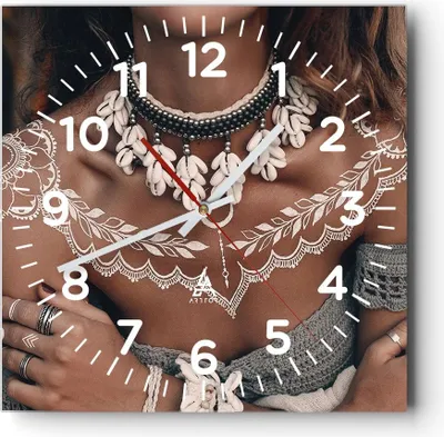 Produktbild von Wanduhr - Quadrat - Glasuhr - Frau ethnisch Stamm - 30x30cm - Schleichendes Uhrwerk - Lautlos - zum Aufhängen bereit - Dekoration Modern - Wanddekoration aus Glas - C4AC30x30-5130