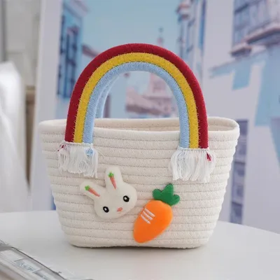 Produktbild von Osterhasenkorb für Kinder, handgewebte süße Baumwolltasche mit Regenbogengriffen, Korbtasche für die Ostereiersuche