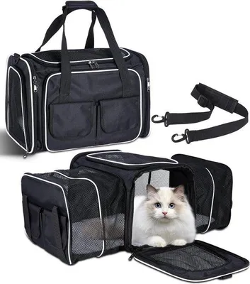 Produktbild von Famanu Tragetasche für Katzen mit Plüschmatratze und Seitentaschen - Groß Schwarz